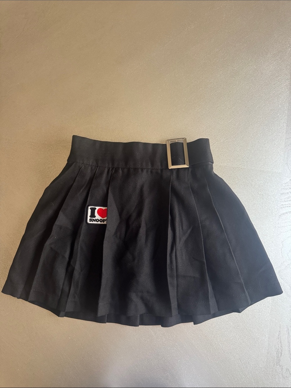 Justice Black Pleated Mini Skirt with Snoopy Patch and Buckle